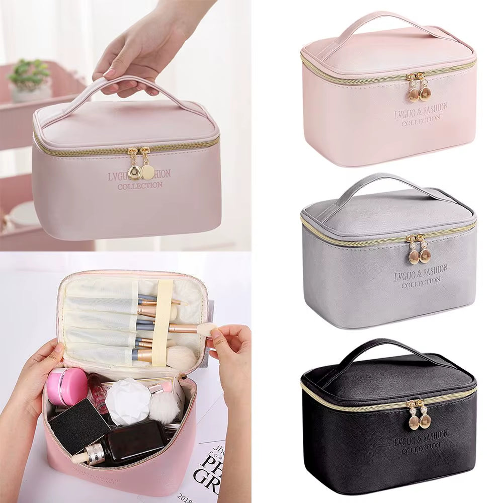 PU Leather Cosmetic Bag Large Capacity Waterproof Zipper Make up Bag Travel Multifunctional Toiletry Organizer